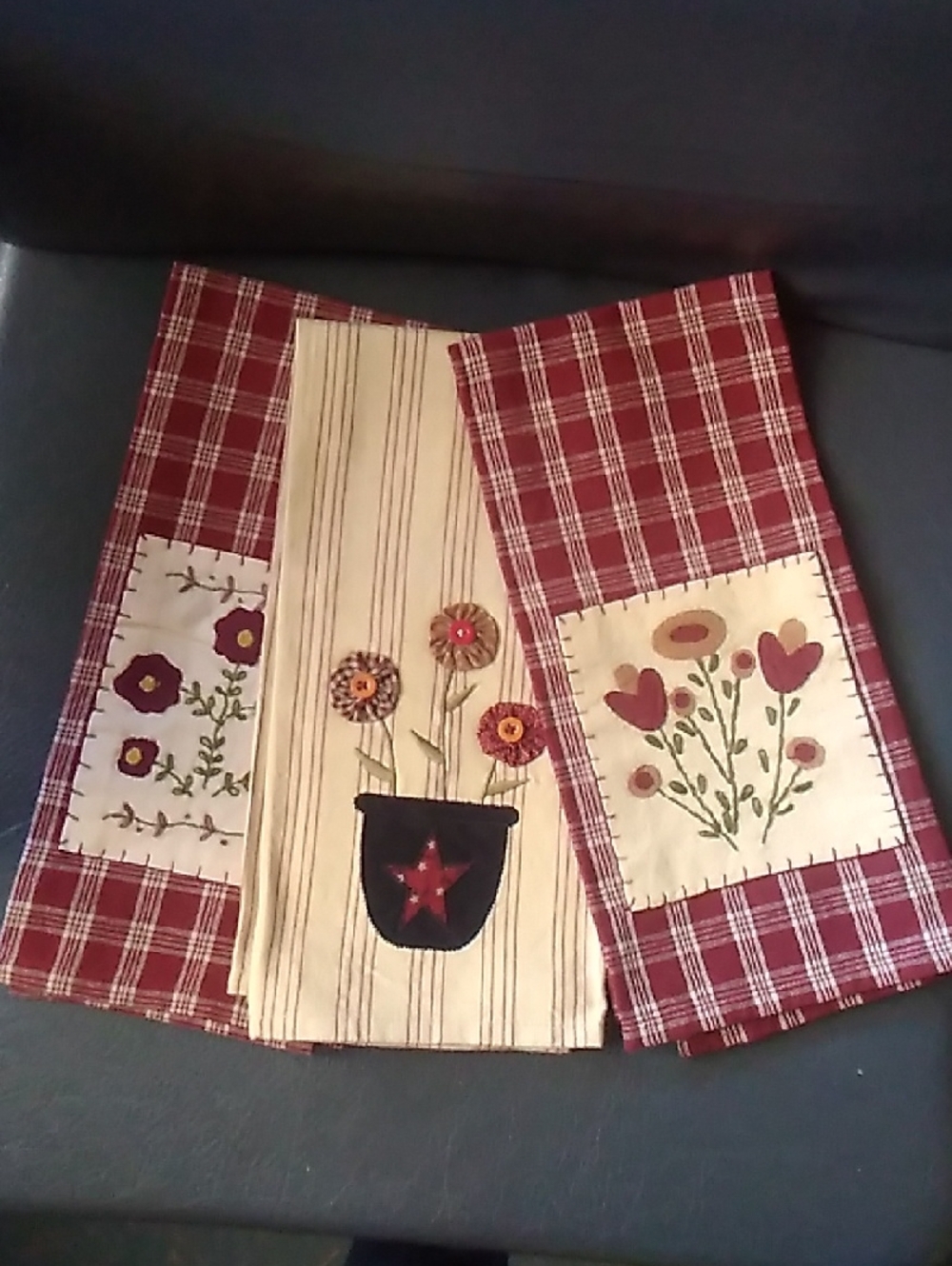 Handcrafted Burgundy Plaid and Cream Floral Kitchen Towels